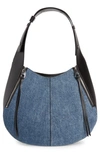 Alexander Mcqueen Skull Biker Denim Hobo Bag In Blue/ Multicolor