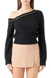 Endless Rose Chain Trim One-shoulder Sweater In Black