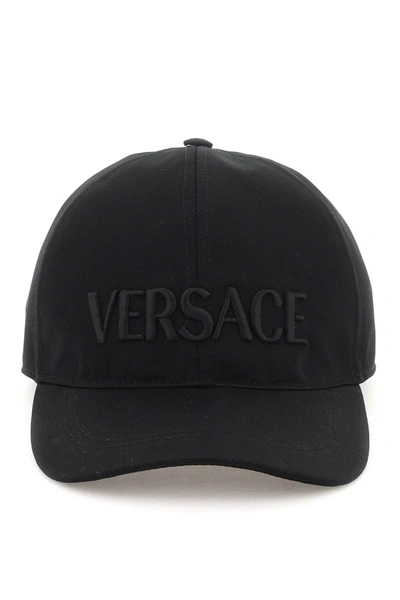Versace Logo Embroidered Baseball Cap In Black Cotton
