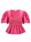 Ganni Pink Cottonpoplin Open-neck Smock Blouse