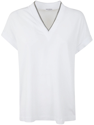 Brunello Cucinelli V-neck T-shirt With Monili Trim In C159 Bianco