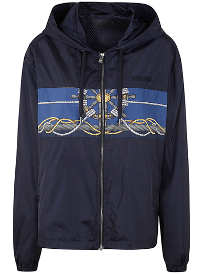 VERSACE BLOUSON TECHNICAL FABRIC AND POLY TWILL WITH NAUTICAL PRINT + WRITING EMBROIDERY