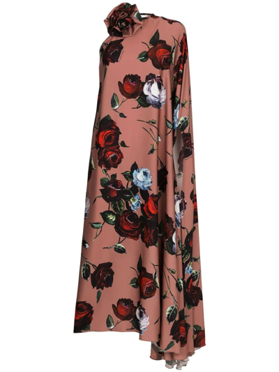 Dolce & Gabbana Asymmetrical Charmeuse Dress With Vintage Rose Print