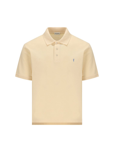 Saint Laurent Cassandre Logo-embroidered Polo Shirt In Yellow,blue