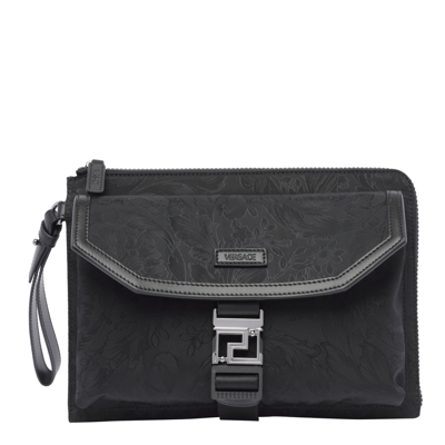 Versace Patterned Jacquard Zipped Clutch Bag In Black