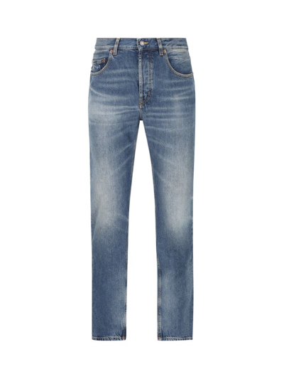 Saint Laurent Logo Patch Straight Leg Jeans In Blue