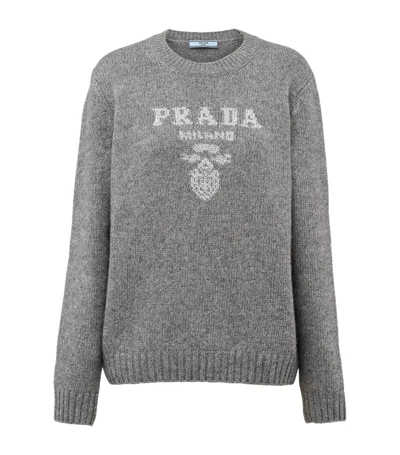 Prada Logo嵌花金银丝羊绒毛衣 In Grey