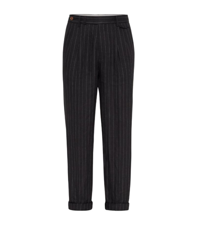 Brunello Cucinelli Men's Linen Stripe Leisure Fit Trousers With Double Pleats And Tabbed Waistband In Black
