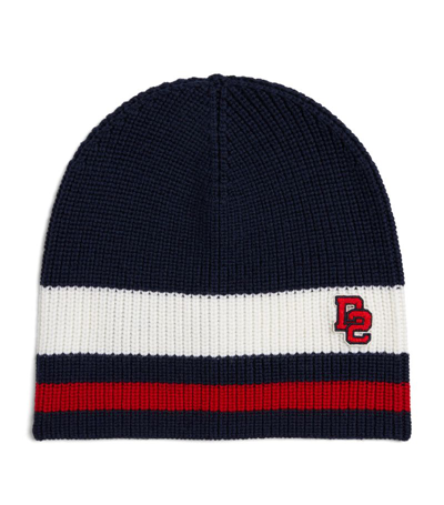 Dsquared2 Wool Striped Beanie In Navy