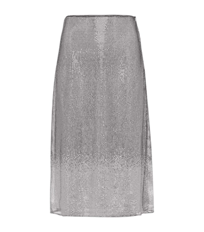 Prada Embroidered Rhinestone Mesh Midi-skirt In Crystal