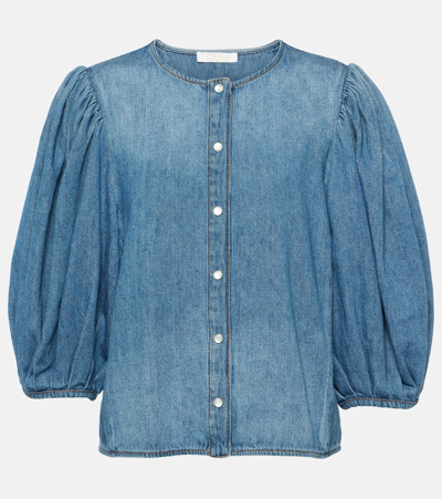 Chloé Chemise Sans Col Manches Ballon Femme Bleu Taille 42 80% Coton, 20% Lin In Blue