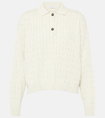 Brunello Cucinelli Cable-knit Cotton-blend Polo Sweater In White