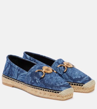 Versace Barocco Medusa Denim Mules In Blue