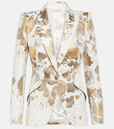 Alexander Mcqueen Metallic Floral Brocade Single-breasted Blazer Jacket In Gold