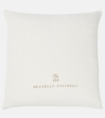 Brunello Cucinelli Logo Embroidered Cotton And Linen Cushion In White