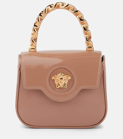 Versace La Medusa Mini Patent Leather Tote Bag In Rosa E Oro