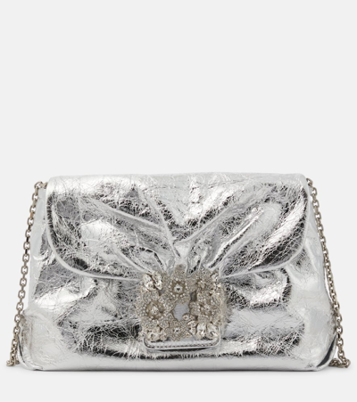 Roger Vivier Drapé Micro Leather Clutch In Silver