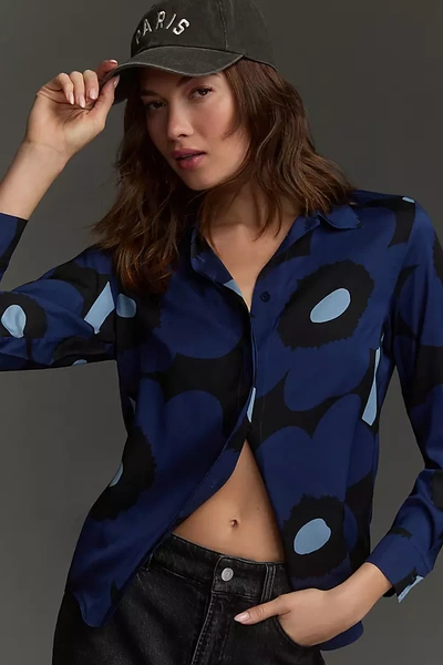 Marimekko Maija Unikko Silk Buttondown Shirt In Blue