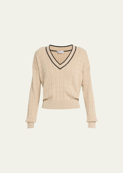 Brunello Cucinelli Tennis Cable V-neck Sweater With Monili Trim In Ceo29 Light Brown