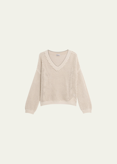Brunello Cucinelli Open Weave V-neck Monili Trim Sweater In Neutral