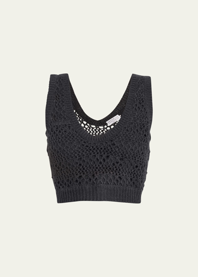 Brunello Cucinelli Crochet Crop Sweater Vest In C2615 Dark Grey