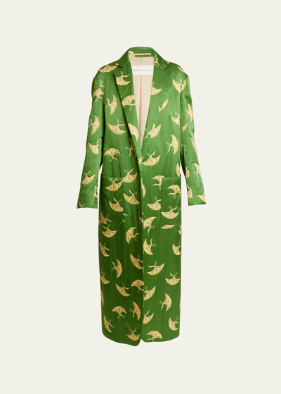 Dries Van Noten Rougies Long Embroidered Silk Coat In Green