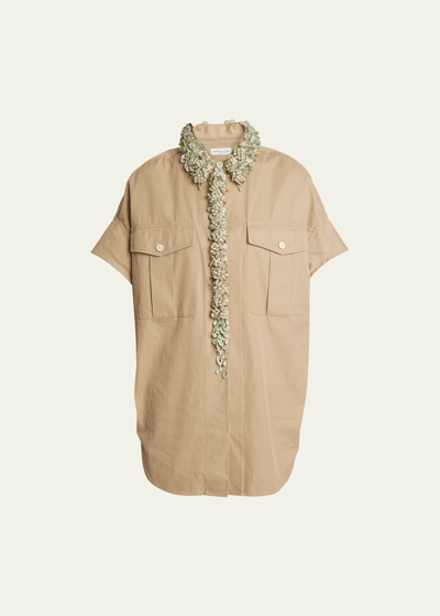 Dries Van Noten Ciaras Embellished Short-sleeve Safari Shirt In Beige