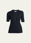 Dries Van Noten Taru Lace-up Ribbed Polo Top In Navy