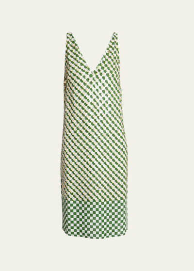 Dries Van Noten Debbie Plunging Sequin Checker-print Sleeveless Midi Dress In Green