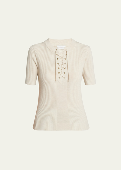 Dries Van Noten Taru Lace-up Ribbed Polo Top In Off White