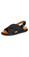 Marni Fussbett Sandal In Raffia Effect Fabric And Leather In Black/earth Of Siena