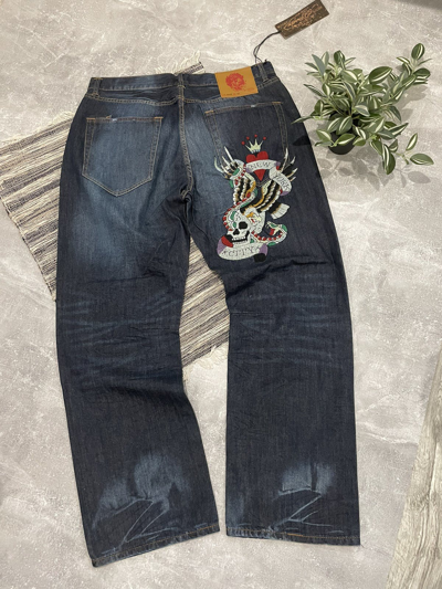 Pre-owned Avant Garde X Ed Hardy Tatto Jeans Y2k Punk Rock Jnco Skull Skeleton In Blue Jean