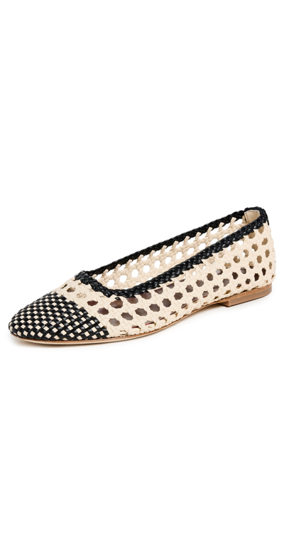 Staud Women Ballerina Flats Nell Crochet Cream Black Leather Sole Shoes In White