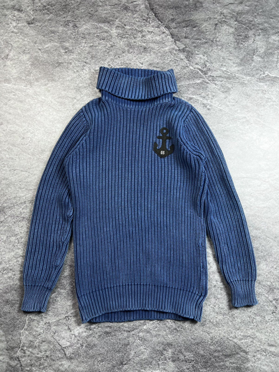 Pre-owned G Star Raw X Gstar Y2k Fisherman Knit High Neck Heavyweight Japan Style Sweater In Washed Blue