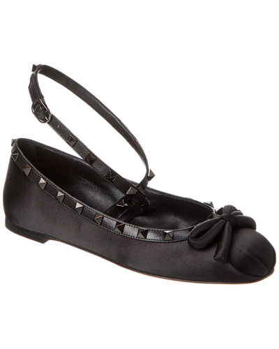 VALENTINO GARAVANI VALENTINO ROCKSTUD SATIN & LEATHER ANKLE STRAP BALLERINA FLAT