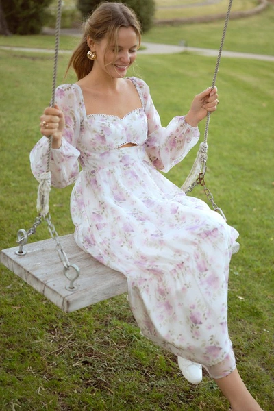 Lulus Radiant Afternoon Ivory Floral Cutout Tiered Midi Dress