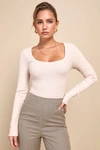 Lulus Forever Comfy Heather Beige Ribbed Scoop Neck Bodysuit In Beige