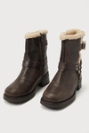STEVE MADDEN BRIXTON-F BROWN DISTRESSED LEATHER FAUX FUR MID-CALF MOTO BOOTS