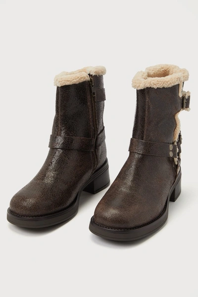 Steve Madden Brixton-f Brown Distressed Leather Faux Fur Mid-calf Moto High Heel Boots