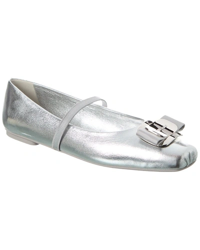 Ferragamo Zina Metallic Bow Mary Jane Ballerina Flats In Grey