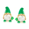 Ross-simons 8-8.5mm Cultured Pearl And Green Enamel St. Patrick's Day Gnome Earrings In 18kt Gold Over Sterling In Yellow