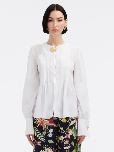 Oscar De La Renta Pintuck Cotton Poplin Blouse In White