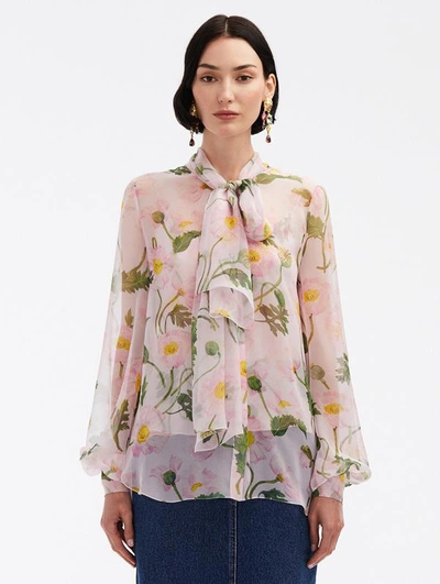 Oscar De La Renta Painted Poppies Chiffon Long-sleeve Neck-scarf Blouse In Pink/soft Pink