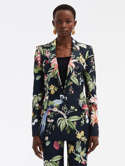 Oscar De La Renta Degrade Floral And Fauna Faille Single-breasted Blazer Jacket In Navy Multi