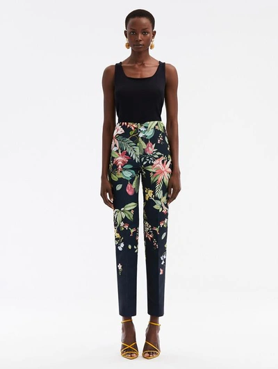 Oscar De La Renta High-rise Degrade Floral Fauna Faille Slim-leg Ankle Pants In Navy Multi