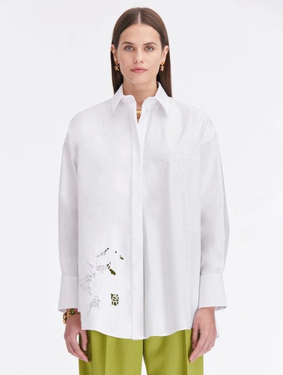 Oscar De La Renta Gardenia Threadwork Embroidered Cotton Tunic Blouse In White