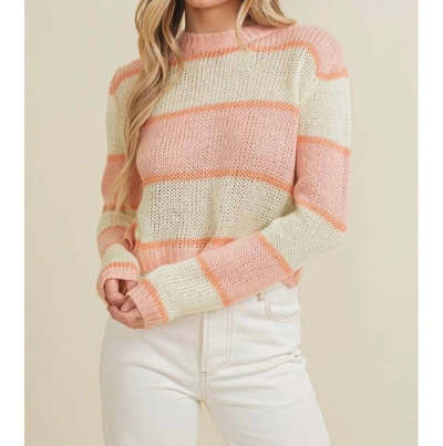 Cloud Ten Striped Open Knit Crop Sweater In Pink Multi