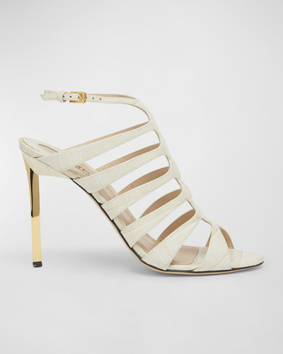 Tom Ford Croco Caged Stiletto Slingback Sandals In Ivory
