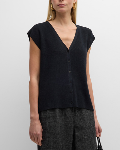 Eileen Fisher V-neck Cap-sleeve Crepe Waistcoat In Black