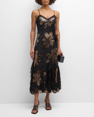 Le Superbe Naomi Godet Embellished Midi Dress In Floral Sequin Mul